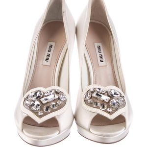 Miu Miu White Satin Pumps with heart embellishment